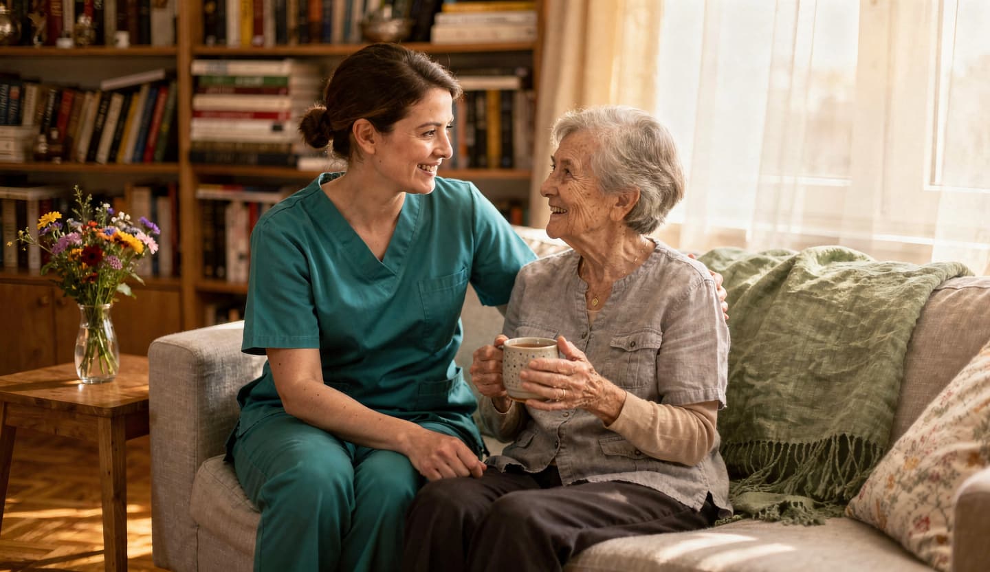 Pflegefachperson im Gespraech mit einer Patientin